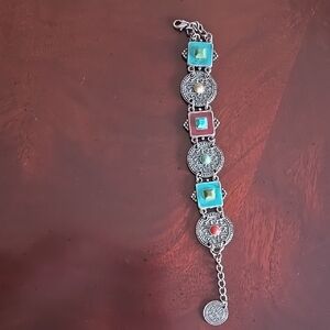 Vintage Silver Tone With Multicolor Beads Panel Bracelet